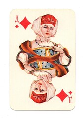 A vintage Russian playing card in the suit of diamonds.