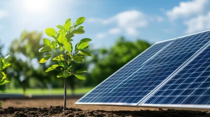 Young Plant Growth Next to Solar Panels on Eco-Friendly Farm Landscape
