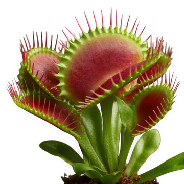 Detailed close up of a venus flytrap with vibrant red traps and green leaves isolated on transparent background