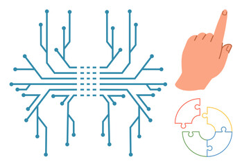 Circuit board design connects with a pointing hand gesture and a colorful puzzle circle. Ideal for technology, innovation, decision-making, strategy, collaboration, human-computer interaction, simple