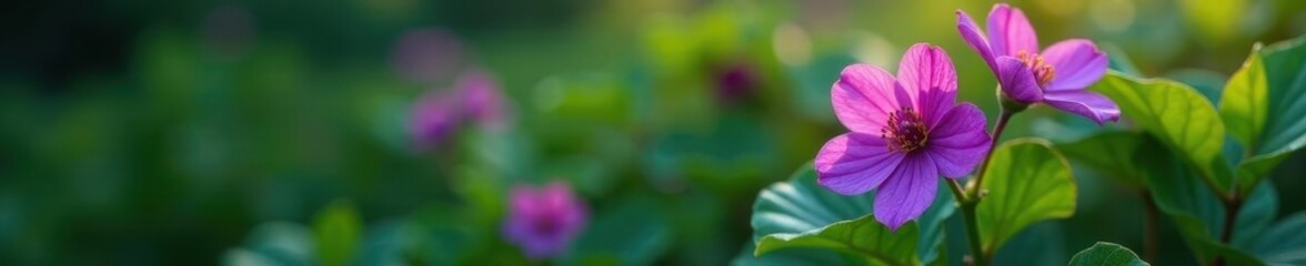 Deep purple petals, vibrant green leaves in soft focus, outdoor, petals