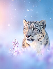 A majestic snow leopard gracefully lounges amidst a vibrant array of colorful wildflowers, blending its stunning fur with the natural beauty around it.