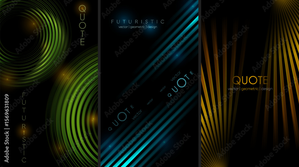 Poster Set of vertical banners with glowing glossy stripes, abstract geometric tech backgrounds. Vector digital art flyers design