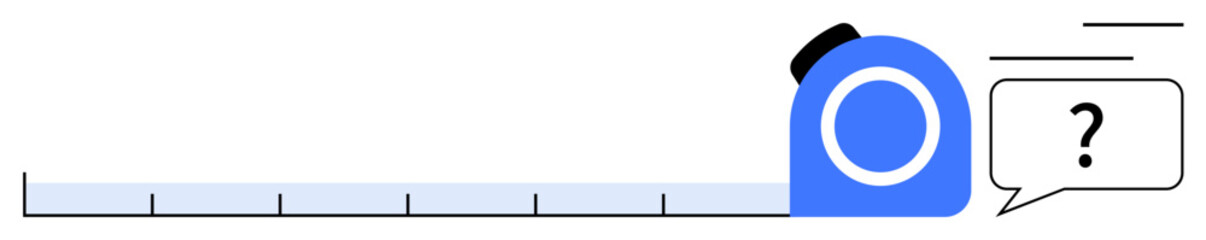 Blue tape measure extended with markings and a speech bubble with a question mark. Ideal for precision, measurement, uncertainty, construction, design, problem-solving, decision-making, flat simple