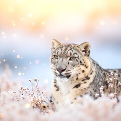 Fototapeta premium A majestic snow leopard gracefully prowls through a vibrant field of colorful wildflowers, its striking fur contrasting beautifully with the blossoms.