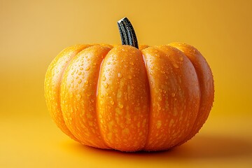 Orange Pumpkin with Water Droplets Against Yellow Background Autumnal Harvest Concept