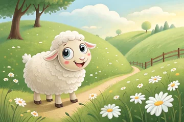 Gardinen An adorable cartoon lamb smiles in a beautiful, rolling green countryside scene with daisies and a sunny sky.  generative ai © Mirza