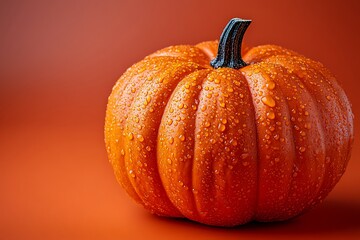 Orange pumpkin with water droplets on a plain orange background Halloween autumn harvest food