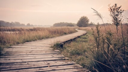 Wooden boardwalk winds through tall dry grass under a hazy sunrise sky
