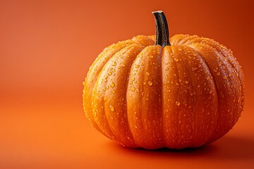Orange pumpkin with water droplets on orange background autumn harvest concept image