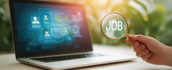 The job search process using a laptop and magnifying glass.