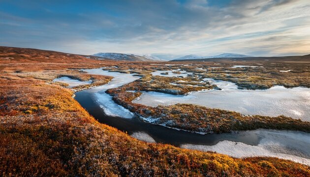 melting permafrost and tundra landscape in changing climate environment