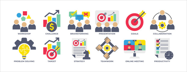 ICON SET WORKSHOP, BRAIN STORMING, PRESENTATION, PROBLEM SOLVING, TARGET, STRATEGY, TEAMWORK AND MORE. ICON FOR APP, WEBSITE, PRESENTAITON ETC. ICON IN FLAT STYLE.