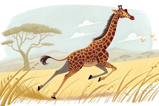 A beautiful, stylized illustration of a graceful giraffe running dynamically through the grasslands of the African savanna.
 generative ai