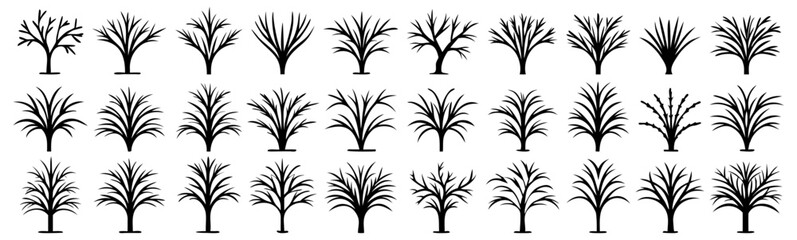 Diverse leafless tree silhouettes. Nature and forest icon design set. Vector