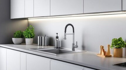 Modern Kitchen with Sleek Sink, Stylish Fixtures and Fresh Greenery Accents