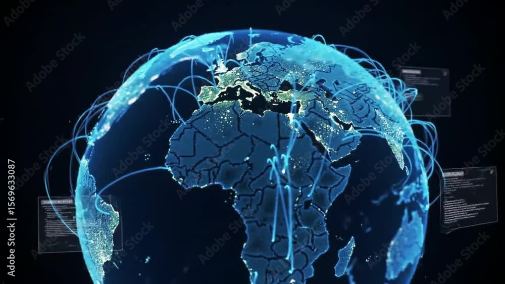 Poster visualizing global network connections animation on digital earth
