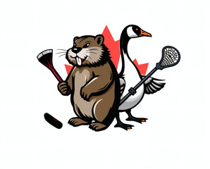 Sporting symbols of Canada unite as a beaver and goose embrace lacrosse and hockey with enthusiasm in a vibrant display