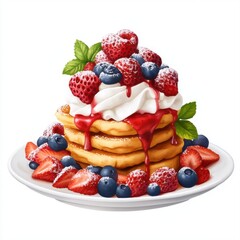 Delicious Stack of Fluffy Pancakes Topped with Fresh Berries and Cream