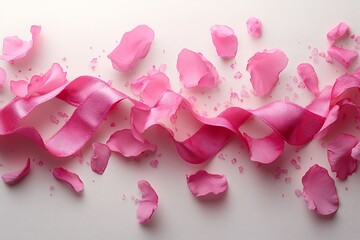 Pink ribbon and scattered rose petals on a light background symbolizing awareness and support