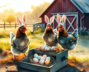 Charming chickens in bunny ears gather around colorful eggs in a sunny farmyard setting