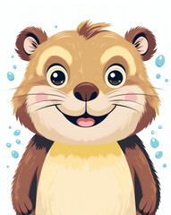 Cute cartoon animal character smiling joyfully in a colorful, playful style with vivid background elements creating a lively atmosphere
