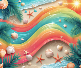 Vibrant coastal patterns blend colors and textures at sunset, evoking a serene beach atmosphere with shells and waves