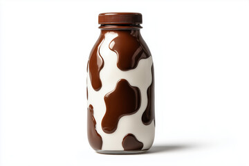 Bottle of milk isolated on white background, Classic glass bottle of chocolate milk on white background, Selective focus cow bottle of milk with cow stripe texture, Empty logo bottle for milk.