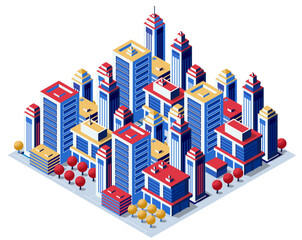 Modern isometric city center with skyscrapers and trees growing