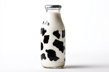 Bottle of milk isolated on white background, Classic glass bottle of plain milk on white background, Selective focus cow bottle of milk with cow stripe texture, Empty logo bottle for milk.