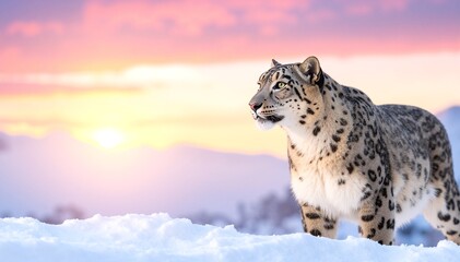Obraz premium A majestic snow leopard stands gracefully amidst a pristine snowy landscape, its thick fur blending with the white surroundings, showcasing its striking spots.