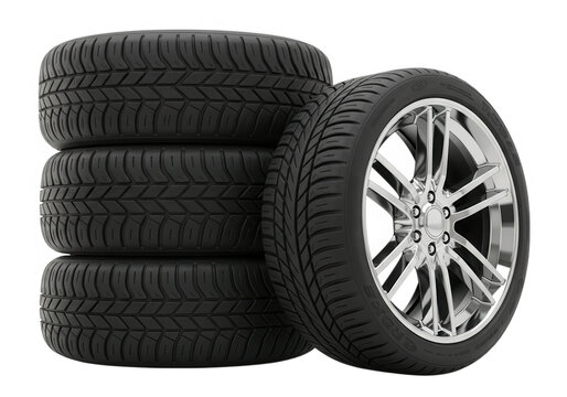 A stack of new car tires with chrome rims is ready for installation, isolated on transparent background