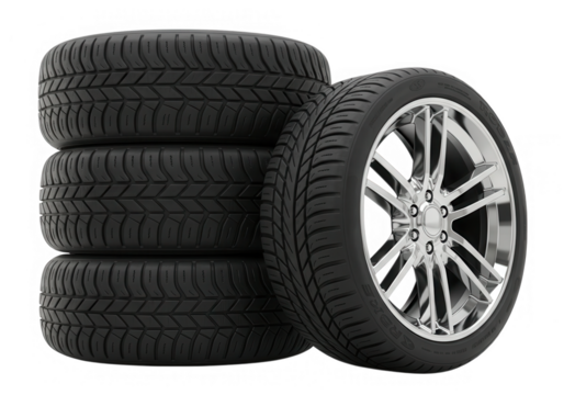 A stack of new car tires with chrome rims is ready for installation, isolated on transparent background - Powered by Adobe