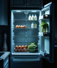 Brightly lit refrigerator displays organized fresh produce and dairy essentials in a sleek kitchen at night