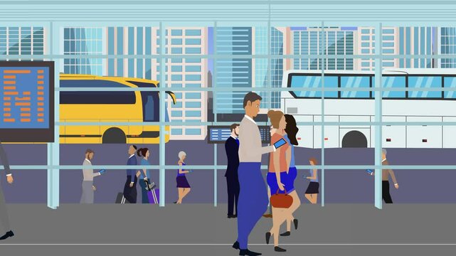 Cartoon animation of people walking in the bus station, traveling city background view