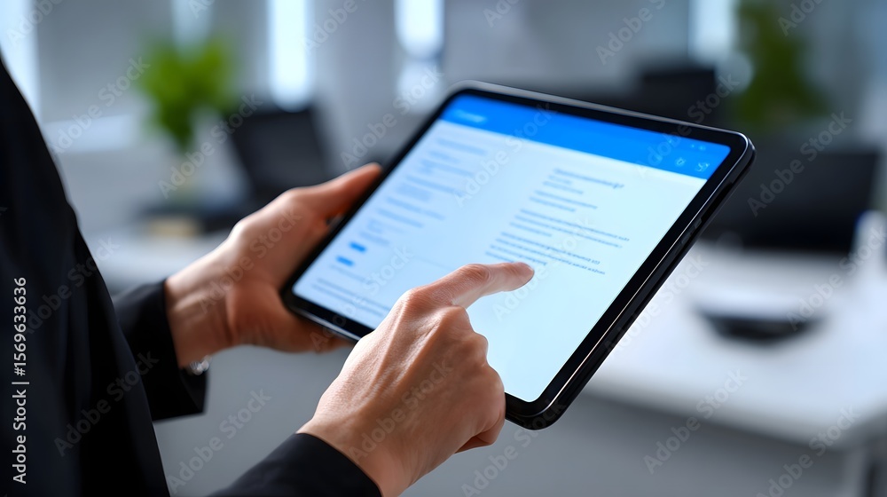 Poster person using a tablet device in a professional workspace