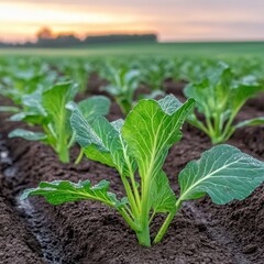 Obraz premium Young green vegetable plants grow in neat rows on fertile soil at sunrise, symbolizing healthy agriculture and fresh produce.