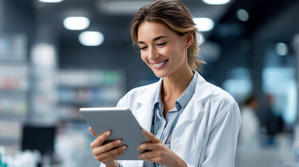 Friendly female pharmacist smiling while using a digital tablet in a modern pharmacy with shelves full of medicines and products in the background