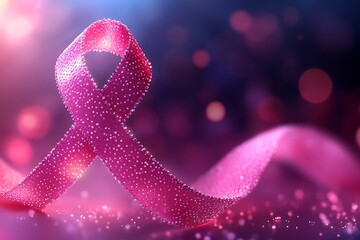 Pink Ribbon Symbol of Cancer Awareness on a Dark Blurred Background with Bokeh Effect