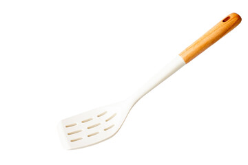 Modern slotted spatula with white silicone head and wooden handle isolated on transparent background, Perfect for kitchen utensil ads, product packaging, and cooking related designs, PNG File