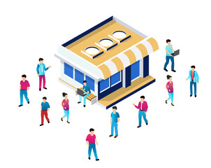 Customers walking around a shop building with striped awning in isometric view
