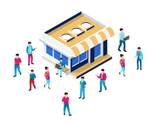 Customers walking around a shop building with striped awning in isometric view