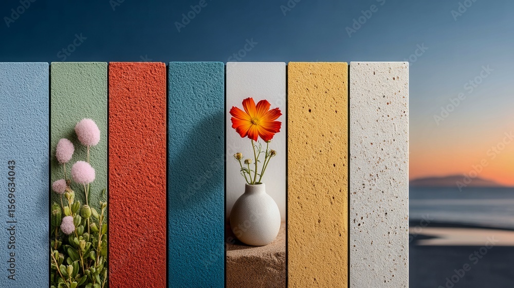 Poster a vase with a flower in it is placed in the middle of a row of bricks. the bricks are of different c