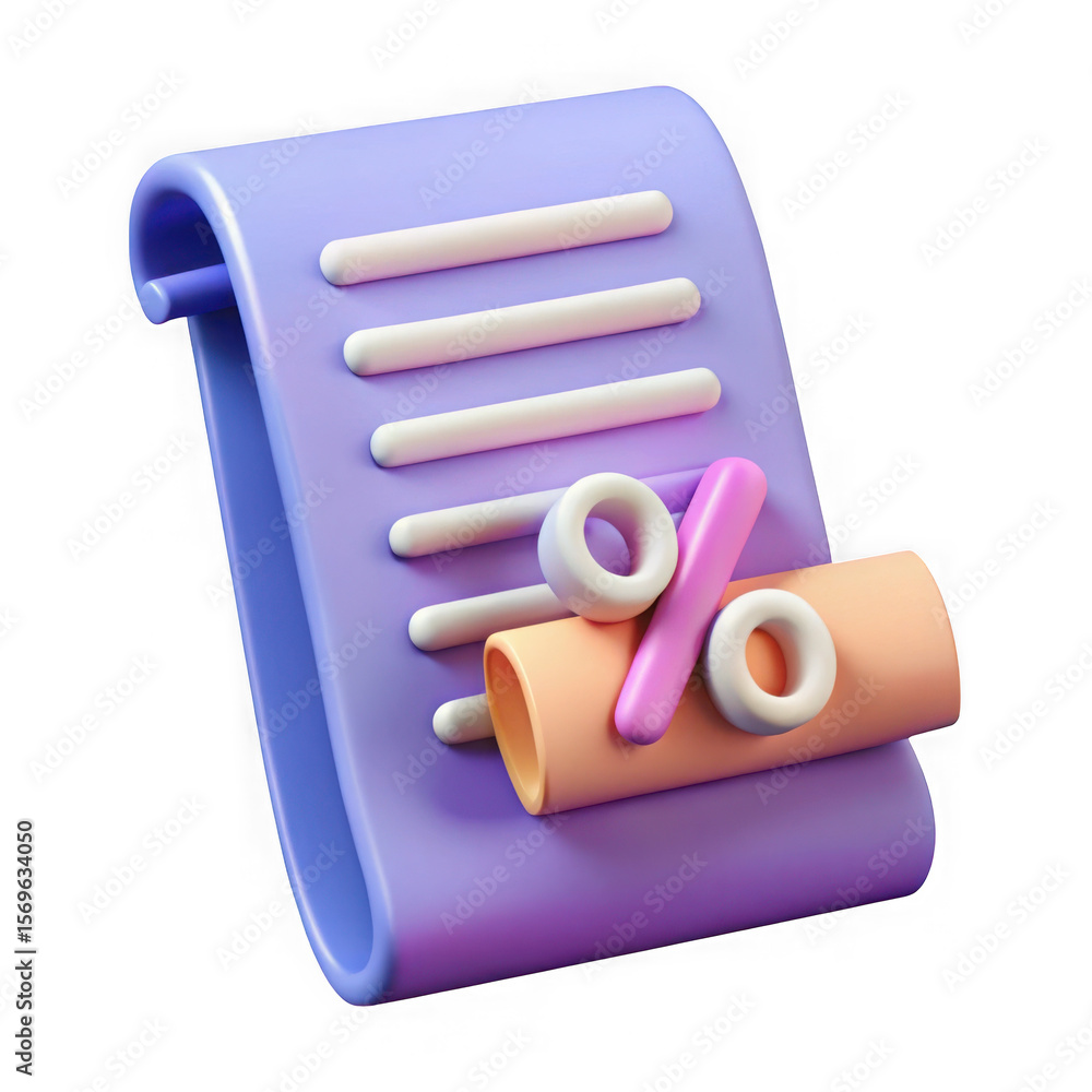 Poster 3d rendered purple document with percentage symbol and rolled paper isolated on transparent backgrou
