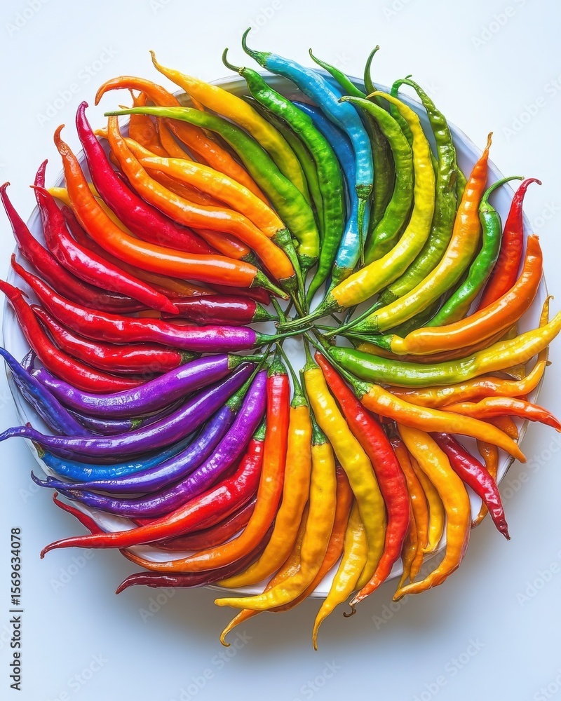 Poster a vibrant display of assorted chili peppers arranged in a circular pattern on a white plate
