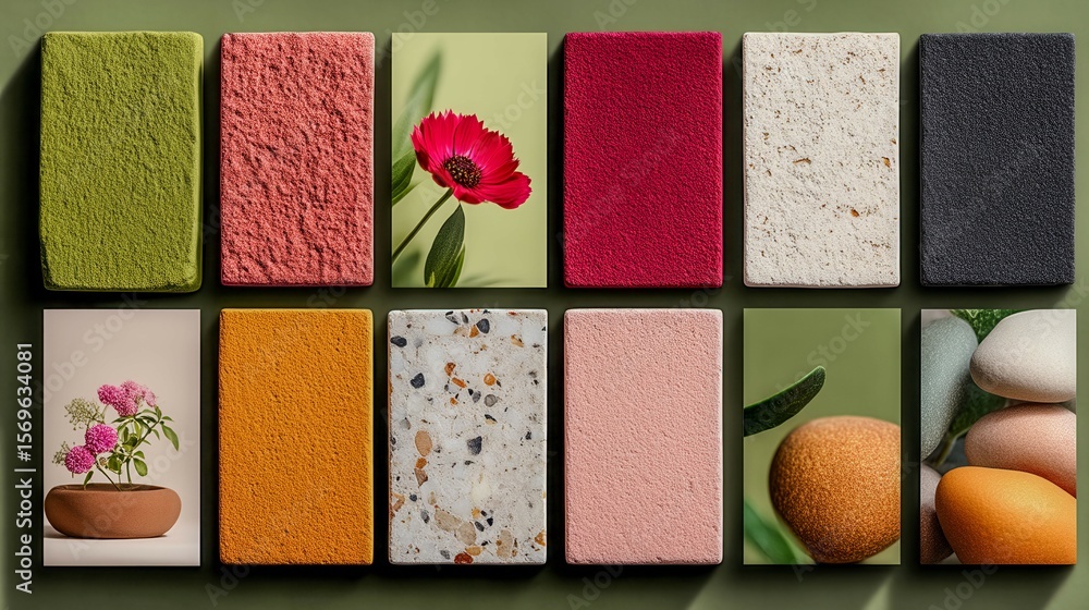 Poster a row of colorful blocks with a flower in the middle. the blocks are arranged in a grid, with each b