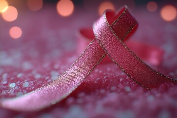 Pink ribbon with gold trim on pink textured background with bokeh lights for awareness