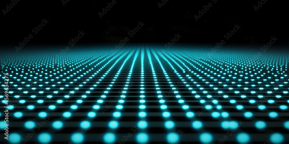Aufkleber features a vibrant blue grid of glowing dots receding into darkness, ideal for technology blogs, dat