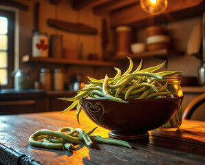 Freshly harvested green beans in a rustic kitchen bathed in warm afternoon light creating a homely atmosphere