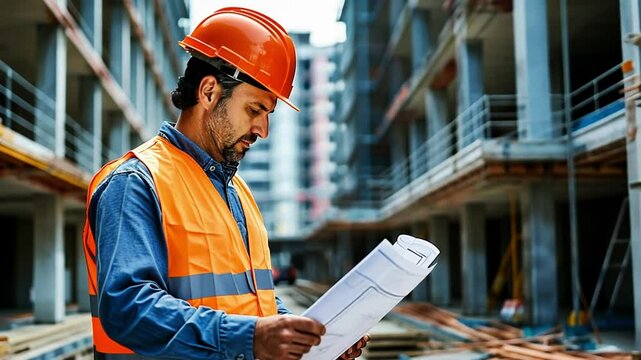 Focused Construction Supervisor Reviewing Blueprints on Site